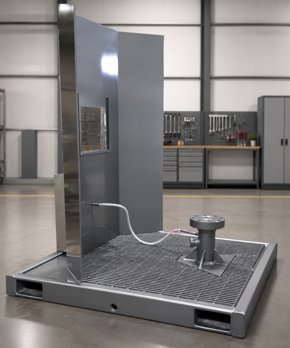 Hydrostatic pressure testing stand with test stump, drip tray, and protective barrier